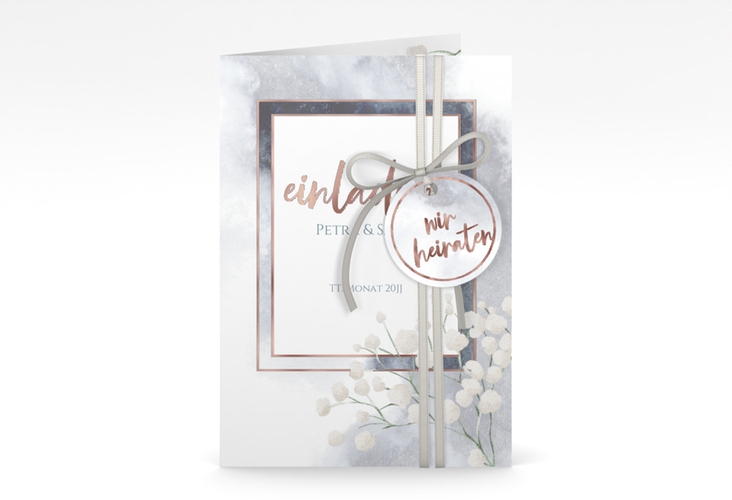 Einladungskarte Hochzeit Winter A6 Klappkarte hoch blau rosegold mit Schleierkraut