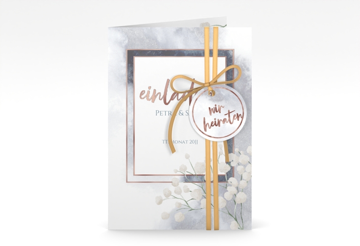 Einladungskarte Hochzeit Winter A6 Klappkarte hoch blau rosegold mit Schleierkraut