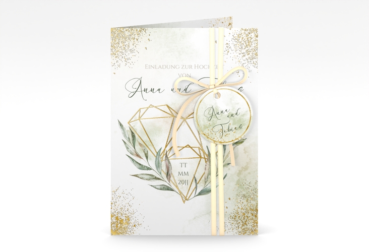 Einladungskarte Hochzeit Heartfelt A6 Klappkarte hoch weiss gold mit Diamanten im Geometric Design