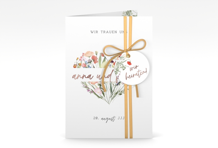 Einladungskarte Hochzeit Wildblumenherz A6 Klappkarte hoch bunt rosegold