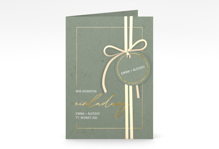 Einladungskarte Hochzeit Simple Line A6 Klappkarte hoch gruen gold
