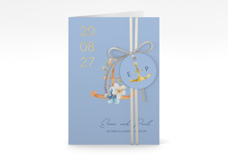 Einladungskarte Hochzeit Anker Floral A6 Klappkarte hoch blau gold
