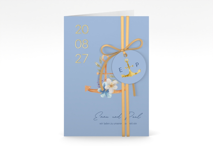 Einladungskarte Hochzeit Anker Floral A6 Klappkarte hoch blau gold