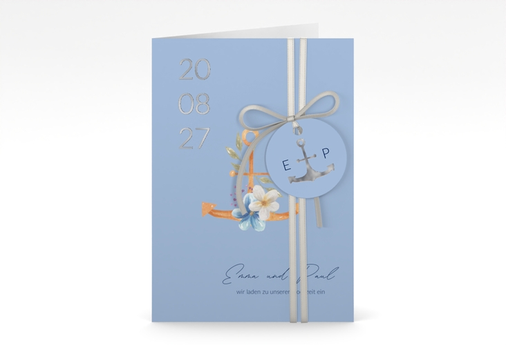 Einladungskarte Hochzeit Anker Floral A6 Klappkarte hoch blau silber
