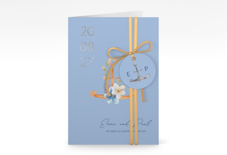 Einladungskarte Hochzeit Anker Floral A6 Klappkarte hoch blau silber