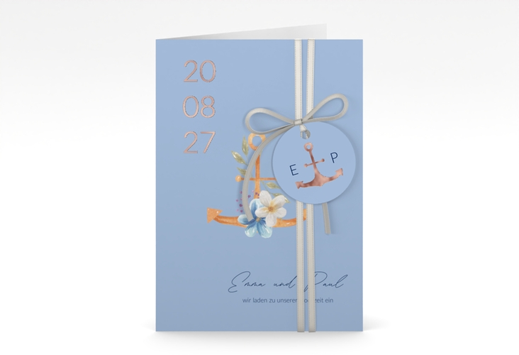 Einladungskarte Hochzeit Anker Floral A6 Klappkarte hoch blau rosegold