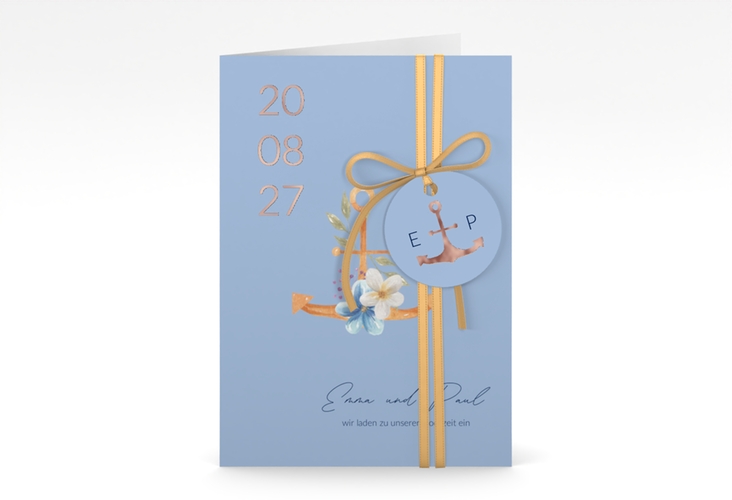 Einladungskarte Hochzeit Anker Floral A6 Klappkarte hoch blau rosegold