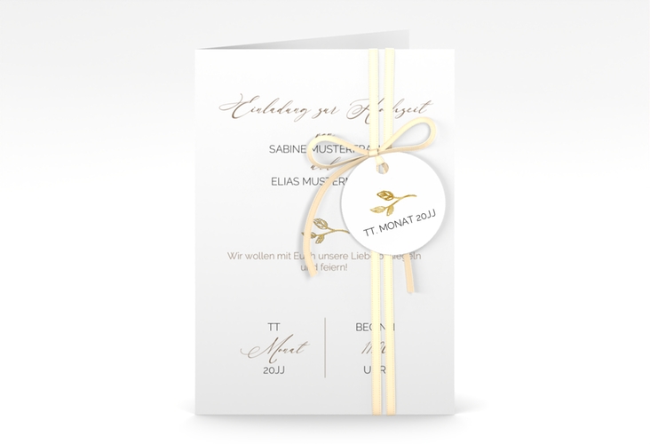Einladungskarte Hochzeit Plain A6 Klappkarte hoch weiss gold