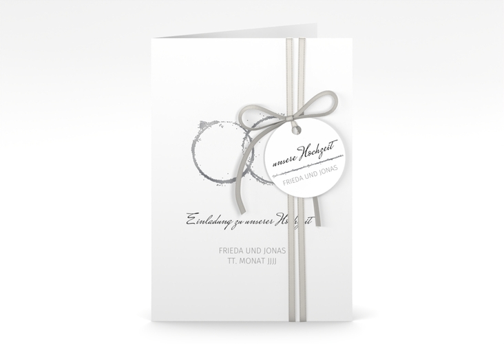 Einladungskarte Hochzeit Trauringe A6 Klappkarte hoch grau silber minimalistisch gestaltet mit zwei Eheringen