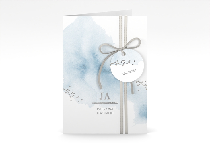 Einladungskarte Hochzeit Pastell A6 Klappkarte hoch blau silber