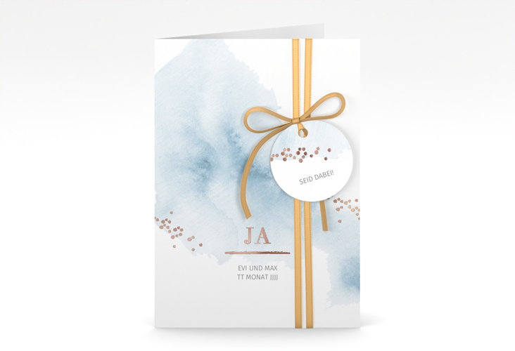 Einladungskarte Hochzeit Pastell A6 Klappkarte hoch blau rosegold