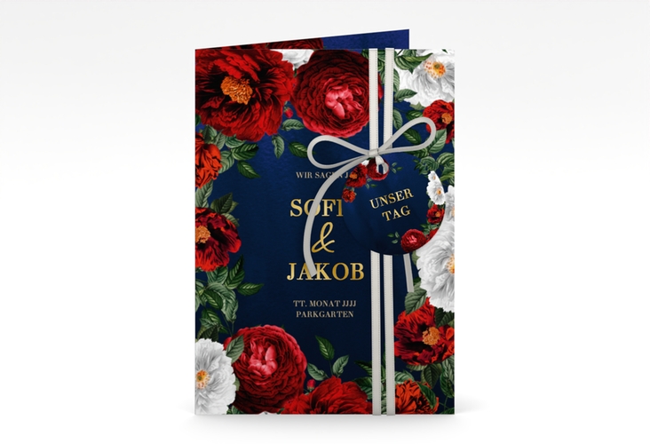 Einladungskarte Hochzeit Florista A6 Klappkarte hoch blau gold