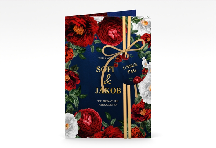 Einladungskarte Hochzeit Florista A6 Klappkarte hoch blau gold