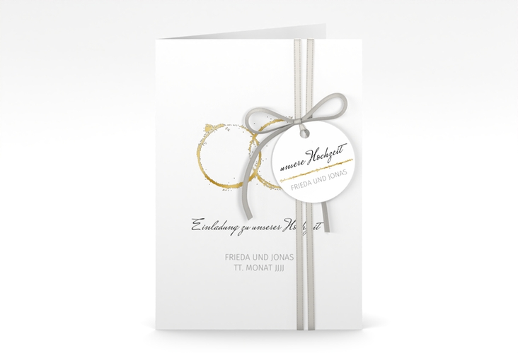 Einladungskarte Hochzeit Trauringe A6 Klappkarte hoch grau gold minimalistisch gestaltet mit zwei Eheringen