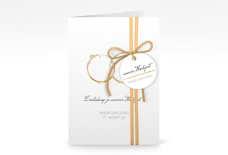 Einladungskarte Hochzeit Trauringe A6 Klappkarte hoch grau gold minimalistisch gestaltet mit zwei Eheringen
