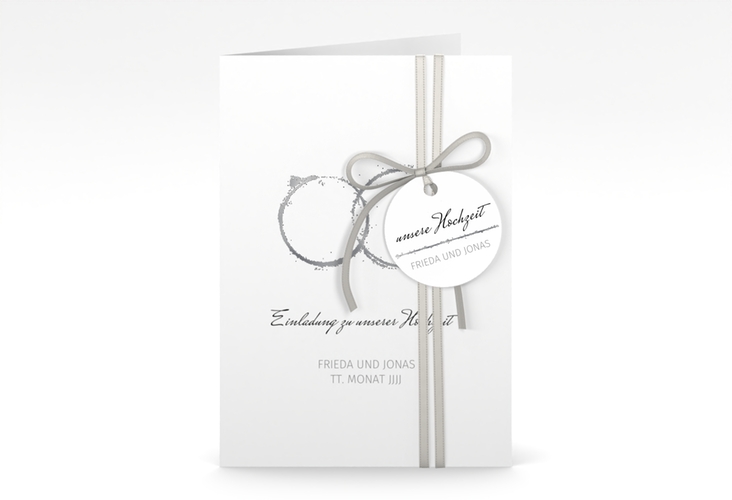 Einladungskarte Hochzeit Trauringe A6 Klappkarte hoch grau silber minimalistisch gestaltet mit zwei Eheringen