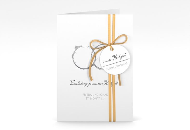 Einladungskarte Hochzeit Trauringe A6 Klappkarte hoch grau silber minimalistisch gestaltet mit zwei Eheringen