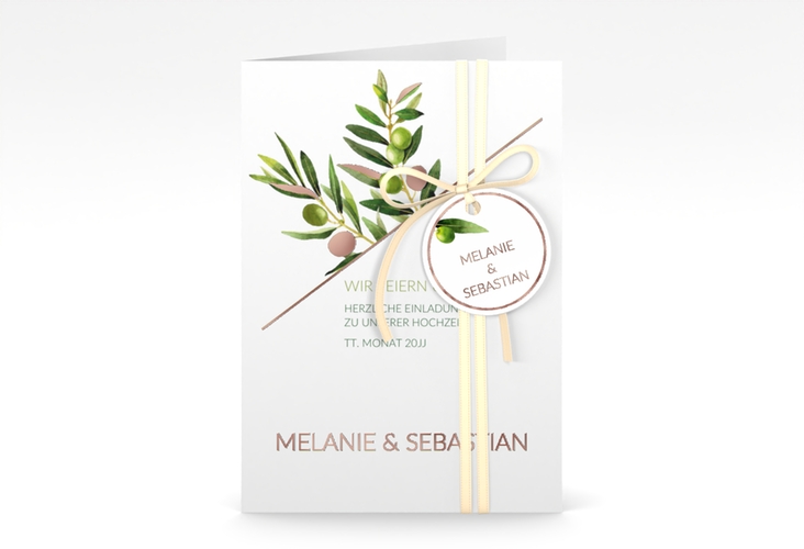 Einladungskarte Hochzeit Olivenzweig A6 Klappkarte hoch weiss rosegold