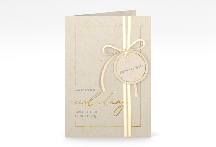 Einladungskarte Hochzeit Simple Line A6 Klappkarte hoch beige gold
