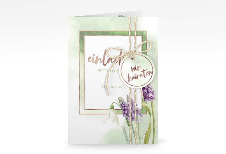 Einladungskarte Hochzeit Frühling A6 Klappkarte hoch gruen rosegold mit Frühlingsblumen in Aquarell