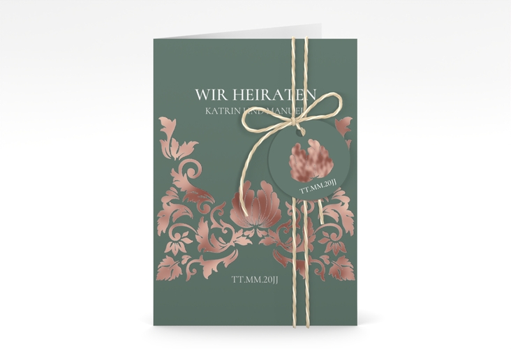 Einladungskarte Hochzeit Royal A6 Klappkarte hoch gruen rosegold mit barockem Blumen-Ornament