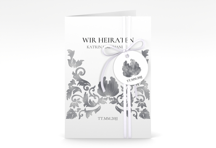 Einladungskarte Hochzeit Royal A6 Klappkarte hoch weiss silber mit barockem Blumen-Ornament