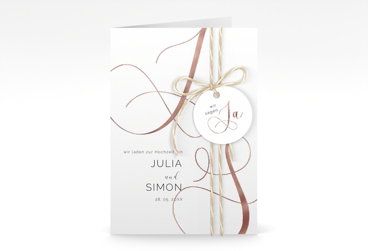 Hochzeitseinladung Eheschließung A6 Klappkarte hoch weiss rosegold mit Gräsern und Trockenblumen für Boho-Hochzeit