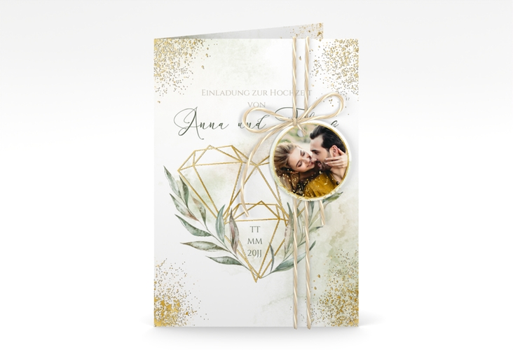 Einladungskarte Hochzeit Heartfelt A6 Klappkarte hoch weiss gold mit Diamanten im Geometric Design