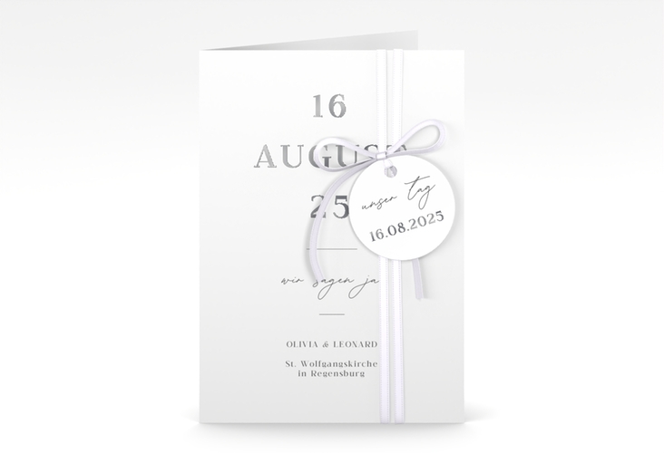 Einladungskarte Hochzeit Authentisch A6 Klappkarte hoch weiss silber in schlichtem Design mit großem Hochzeitsdatum