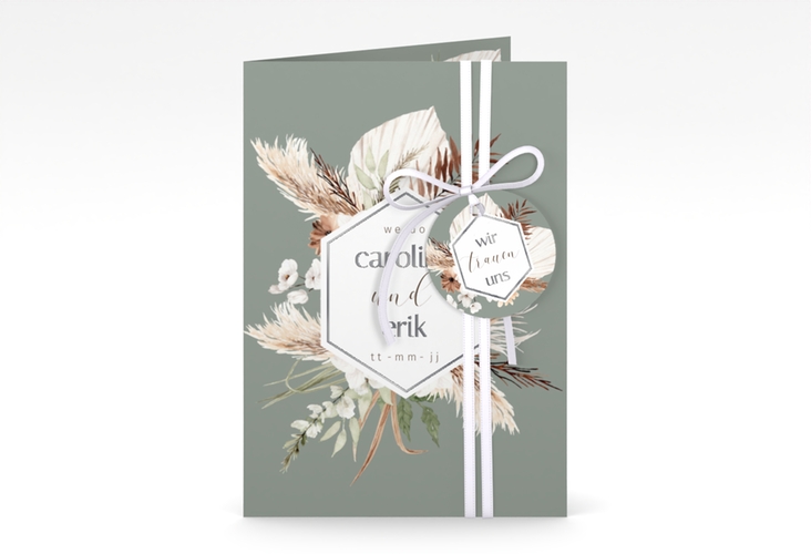 Einladungskarte Hochzeit Bohemian A6 Klappkarte hoch gruen silber mit Gräsern und Trockenblumen für Boho-Hochzeit