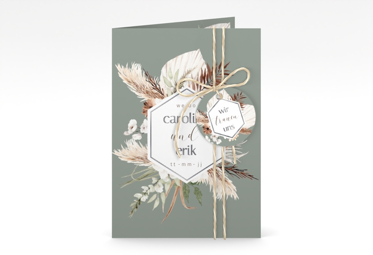Einladungskarte Hochzeit Bohemian A6 Klappkarte hoch gruen silber mit Gräsern und Trockenblumen für Boho-Hochzeit