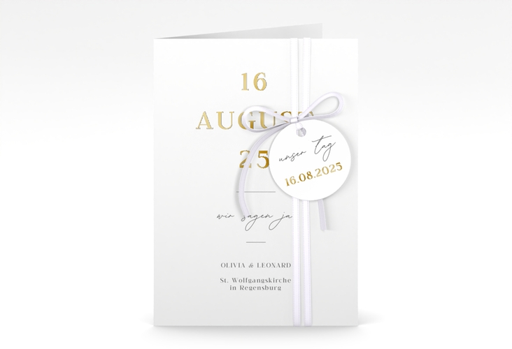 Einladungskarte Hochzeit Authentisch A6 Klappkarte hoch weiss gold in schlichtem Design mit großem Hochzeitsdatum