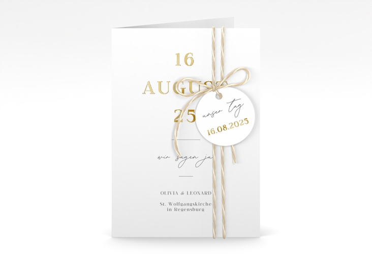 Einladungskarte Hochzeit Authentisch A6 Klappkarte hoch weiss gold in schlichtem Design mit großem Hochzeitsdatum