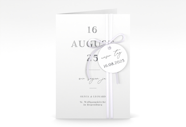 Einladungskarte Hochzeit Authentisch A6 Klappkarte hoch weiss silber in schlichtem Design mit großem Hochzeitsdatum