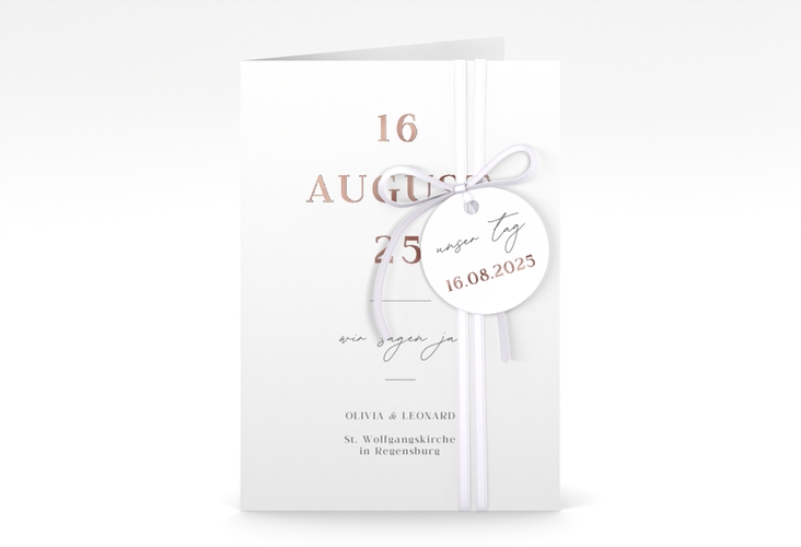 Einladungskarte Hochzeit Authentisch A6 Klappkarte hoch weiss rosegold in schlichtem Design mit großem Hochzeitsdatum