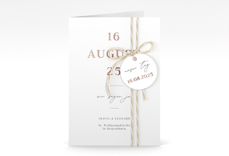 Einladungskarte Hochzeit Authentisch A6 Klappkarte hoch weiss rosegold in schlichtem Design mit großem Hochzeitsdatum