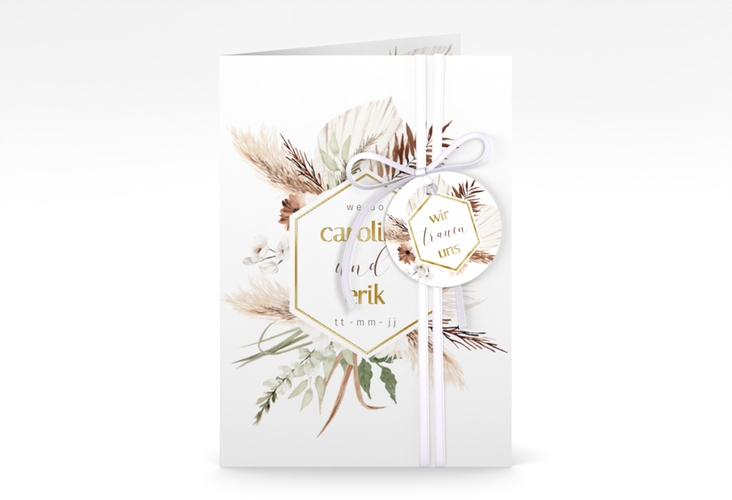 Einladungskarte Hochzeit Bohemian A6 Klappkarte hoch weiss gold mit Gräsern und Trockenblumen für Boho-Hochzeit