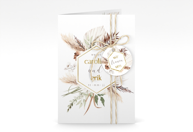 Einladungskarte Hochzeit Bohemian A6 Klappkarte hoch weiss gold mit Gräsern und Trockenblumen für Boho-Hochzeit