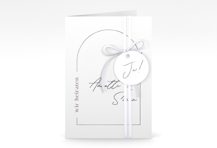 Einladungskarte Hochzeit Rundung A6 Klappkarte hoch weiss silber