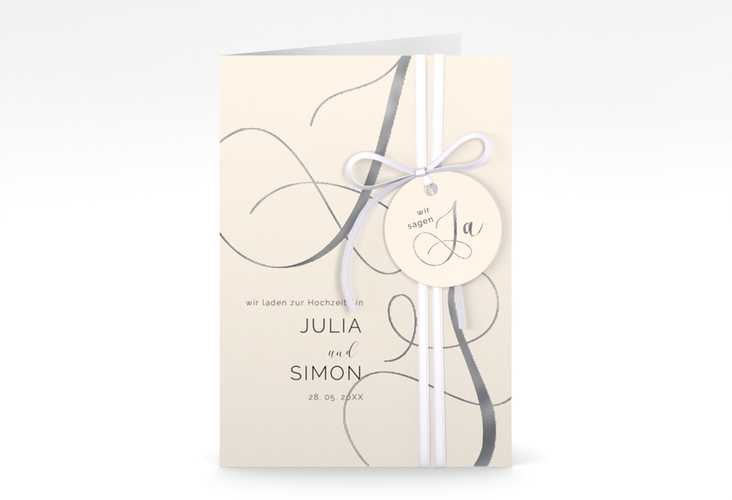 Hochzeitseinladung Eheschließung A6 Klappkarte hoch beige silber mit Gräsern und Trockenblumen für Boho-Hochzeit