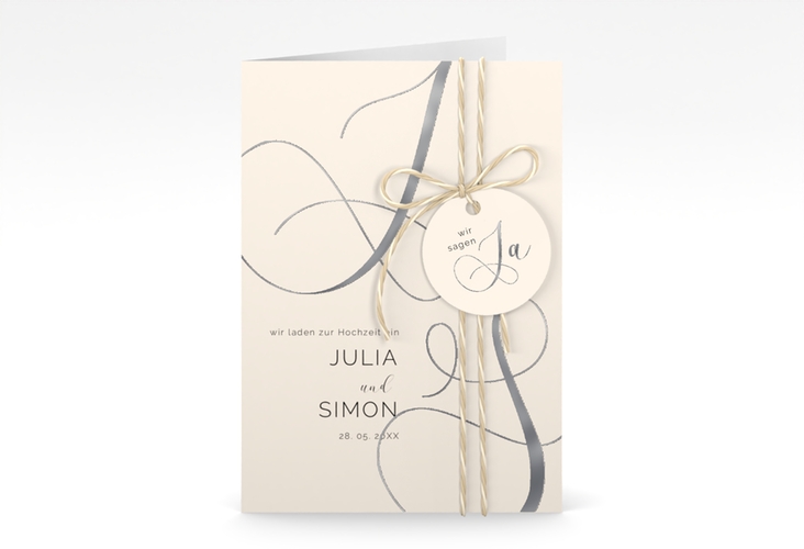 Hochzeitseinladung Eheschließung A6 Klappkarte hoch beige silber mit Gräsern und Trockenblumen für Boho-Hochzeit