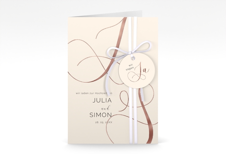 Hochzeitseinladung Eheschließung A6 Klappkarte hoch beige rosegold mit Gräsern und Trockenblumen für Boho-Hochzeit