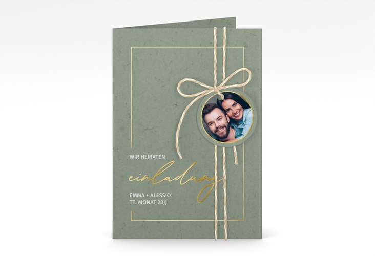 Einladungskarte Hochzeit Simple Line A6 Klappkarte hoch gruen gold
