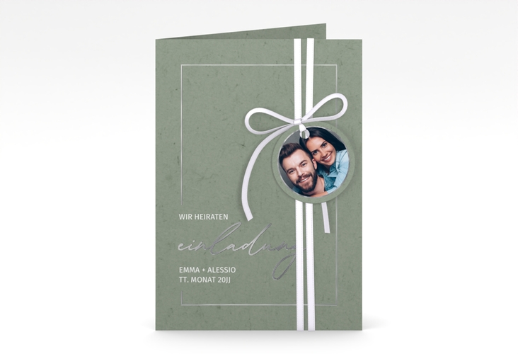 Einladungskarte Hochzeit Simple Line A6 Klappkarte hoch gruen silber