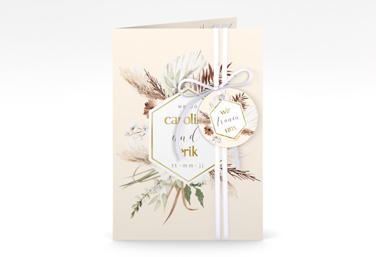 Einladungskarte Hochzeit Bohemian A6 Klappkarte hoch beige gold mit Gräsern und Trockenblumen für Boho-Hochzeit