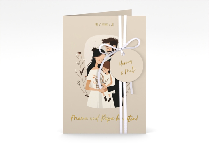 Einladungskarte Hochzeit Familienglück A6 Klappkarte hoch beige gold für Paare mit Kind