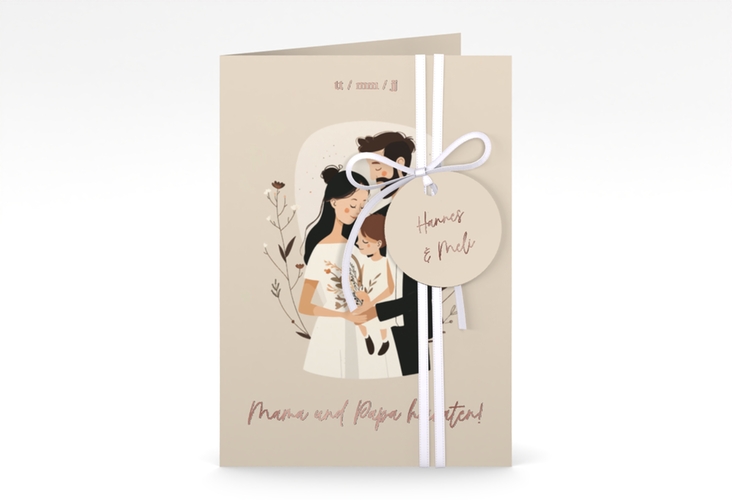 Einladungskarte Hochzeit Familienglück A6 Klappkarte hoch beige rosegold für Paare mit Kind