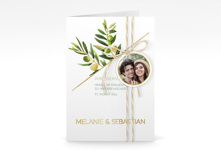 Einladungskarte Hochzeit Olivenzweig A6 Klappkarte hoch weiss gold