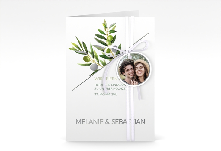 Einladungskarte Hochzeit Olivenzweig A6 Klappkarte hoch weiss silber