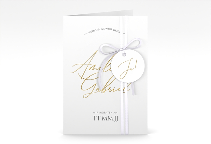 Einladungskarte Hochzeit Federschrift A6 Klappkarte hoch weiss gold in schlichtem Design mit Kalligrafie